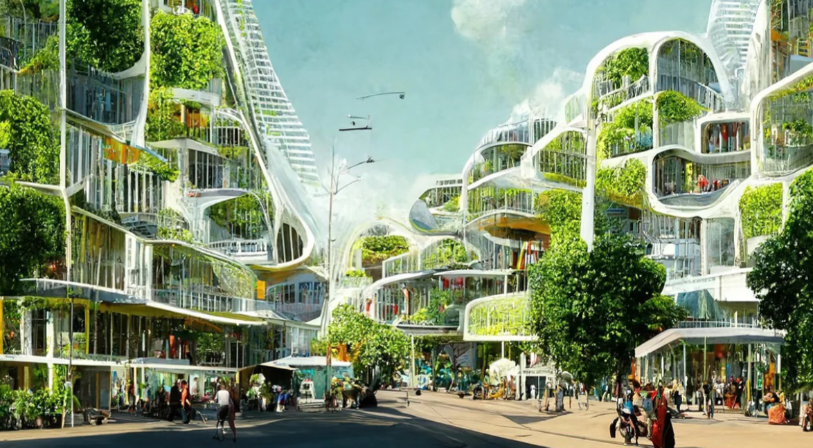 Bild einer Utopie, die Stadt der Zukunft, mit futuristischen Fassaden die begrünt sind, auf der Strassenebene trubeln sich Menschen.